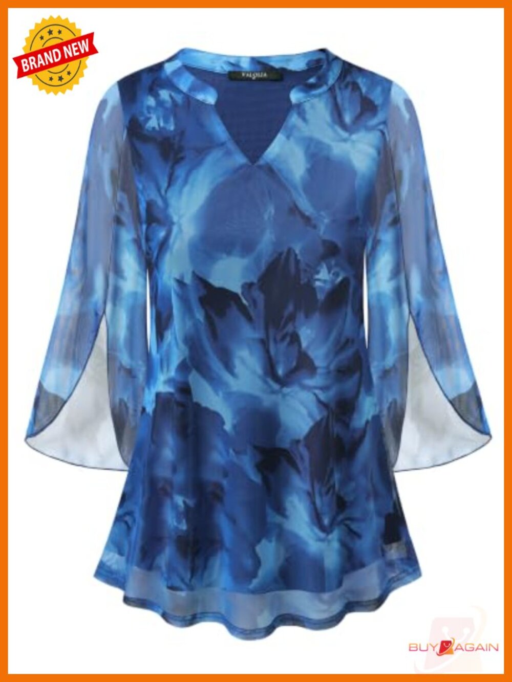 Women's 3/4 Sleeve Floral Tunic Top V Neck Double Layer Mesh Blouse